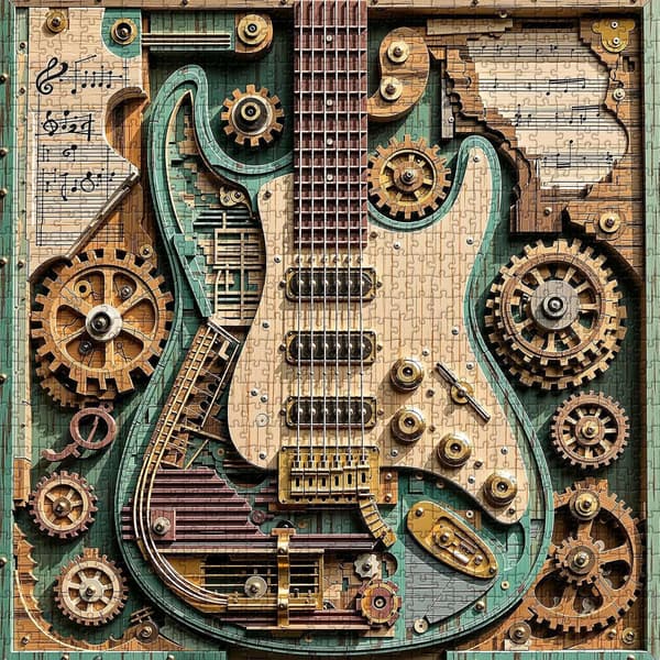 Gears & Strings 1000-bitars Steampunk Gitarrpussel, Vintage Gitarr 1000 bitar Pussel som Heminredning, 1 st
