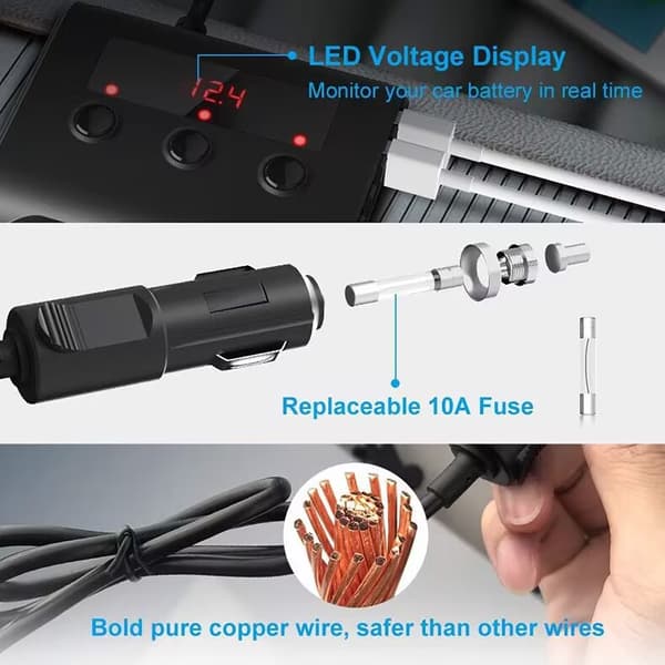 Cigarettænder Splitter + 12V USB Biloplader med Afbryder og Voltmeter – 3x Cigarettestik – 4x USB – Biltilbehør