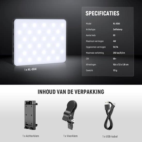 Selfie-lys Inkluderer mobiltelefonklips 60 LED-er 3 lysinnstillinger Bærbart klipslys for telefoner og datamaskiner USB-oppladbart Kompakt