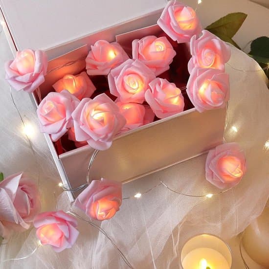 Lyskæde – Blomsterguirlande – Roser – Varmt Lys – 20 Lyserøde LED Blomsterlys – Gaver til Valentinsdag – Bryllupper – Hjem – Udendørs – Soveværelse