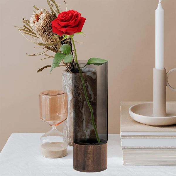Konstnärlig Trä Glasvas, Cylindrisk Blomvas med Träfot, Klassisk Boho Rustik Stil för Spiselkrans Sovrum Kök Vardagsrum Dekorationer 12x35cm