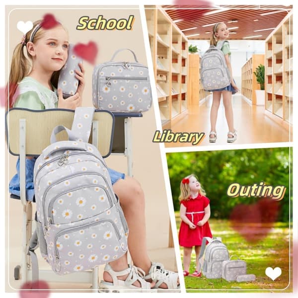 3 stk. Daisy Prints rygsæk til piger Bogtaskesæt Grundskole Daypack Elementære Studerende Knapsack med madkasse Grå Gray