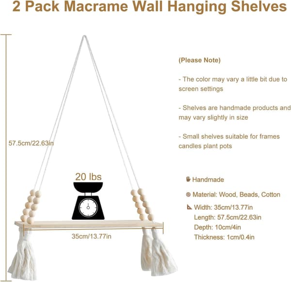 2-pack Träväggfästen - Macrame Hängande Växtställ med Tofsar