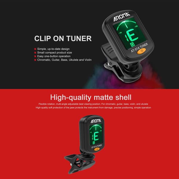 Gitarrstämmare 2-PACK, Clip-on stämapparat för gitarr/bas/fiol/ukulele, automatisk avstängning/enknappsmanövrering/AT-01A/2 set