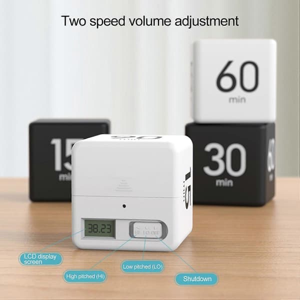 Roterende Pomodoro-timer 1-60 minutter forhåndsinnstilt LED-skjerm Justerbart volum Kubetimer for arbeid og studier
