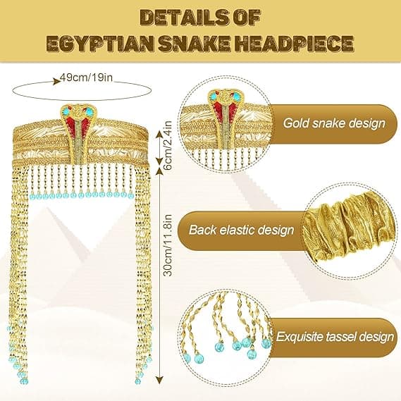 4-delt egyptisk kostymetilbehør for kvinner inkluderer en egyptisk prinsessehodeplagg, slangehodeplagg og armbånd.