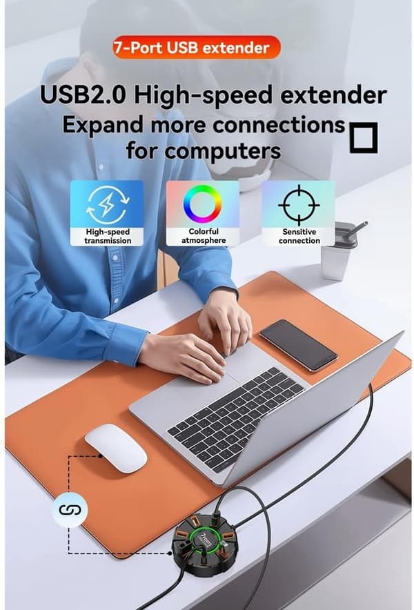 USB 2.0 Multi-Port Hub Adapter — 5 Gbps højhastigheds USB-udvider (med strømadapter), til stationære og bærbare computere — 7 porte, 1,2 m kabellængde