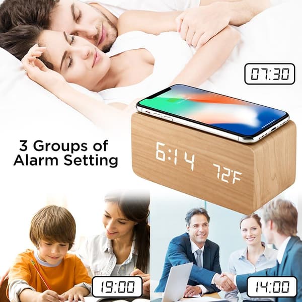 Väckarklocka i bambu, LED digital multifunktionell väckarklocka, sängklocka i trä med trådlös laddningsfunktion och temperaturvisning.