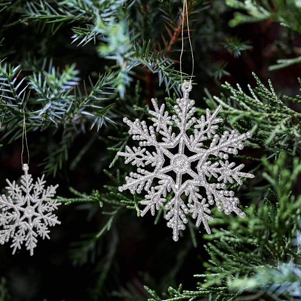 Julgranspynt i plast med glitter, snöflingor, 10 cm, 36-pack Silver