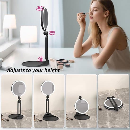 Dette enkeltstående sæt inkluderer et dobbeltsidet, oplyst makeup-spejl (40x/1x forstørrelse) med et foldbart og bærbart design – ideelt til rejser.