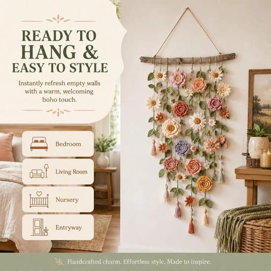 Makramé Väggdekor - Virkad Blommig Väggbonad - Boho Dekoration för Vardagsrum och Sovrum - Flerfärgad