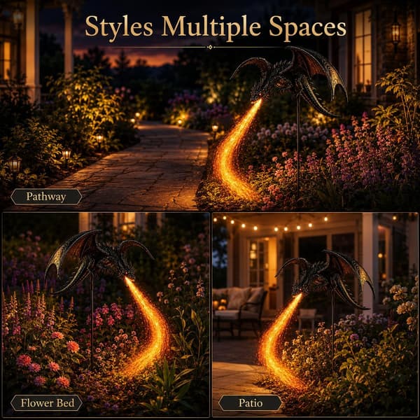 Solar Dragon Fire Garden Light, Solar Dragon Fire Garden Stake Light Solars Powered Dragons Figurine with Breathing Flame Fiber Optic Lights Decor