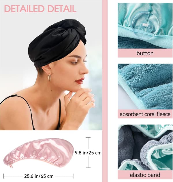 2-pack Satin Microfiber Hårhandduk, Hårtorkningshandduk med Knapp och Elastiska Band, Superabsorberande Snabb Microfiber Handduk Turban för Kvinnor Barn