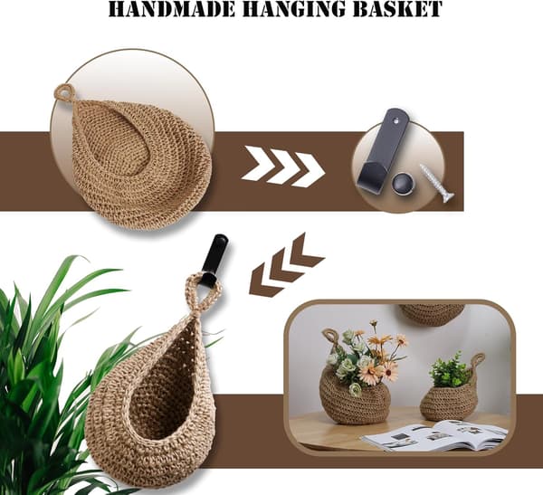 Väggmonterad köksfruktkorg i vävd design. Set med tre khaki bomullsrepsfruktkorgar för väggmontering av grönsaker