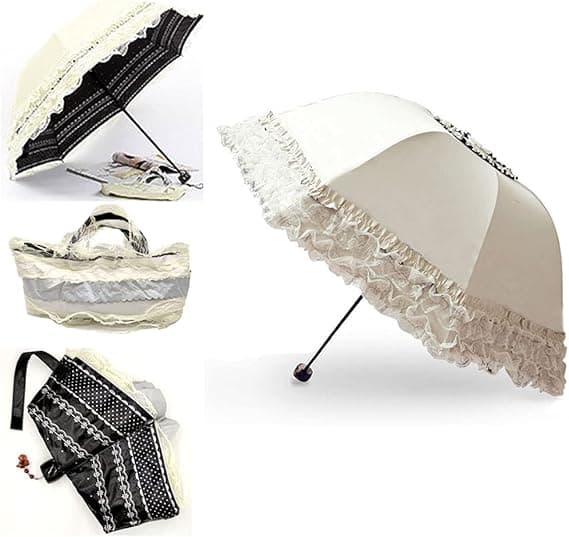 Prinsess spets vintage spets UV-solparaply, vikbart 3D-blomsterbroderat paraply, 3-delat blått regnparaply