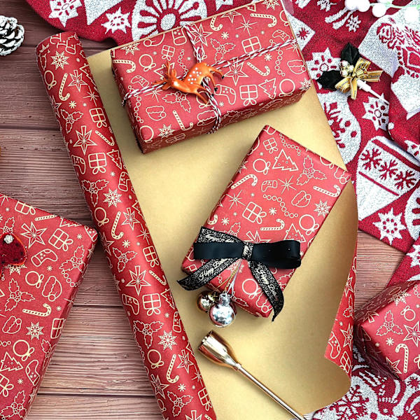 10 ark julklappspapper rulle, rött kraftpapper julklappspapper, presentpapper, snöflingemönstrat presentpapper