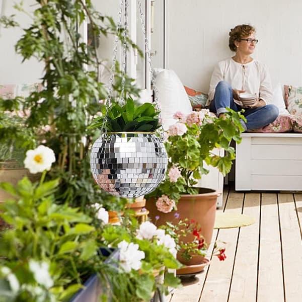 15 cm Diskokula Planter, Diskokula Blomkruka med Kedja och Makramérep, Boho Makramé Växthängare för Inomhus Utomhus Hem Trädgård Planteringsdekoration
