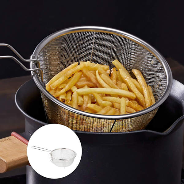 Friturekurv i rustfrit stål, rund trådfriturekurv med foldbart håndtag, til køkkenfriture.