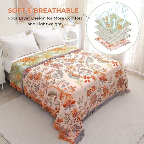 Bohemsk pledd til sofa og seng - 100 % bomull - mykt rustikt teppe - supermykt - landlig innredning - vendbart pledd - 50 x 200 cm, blomstertrykk)