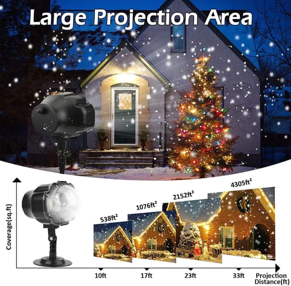 Utendørs juleprojektor – snøfalllys – vanntett utendørs LED-snølys – bred dekning – inkluderer RF-fjernkontroll og timer – projeksjonsområde opptil 100 m²