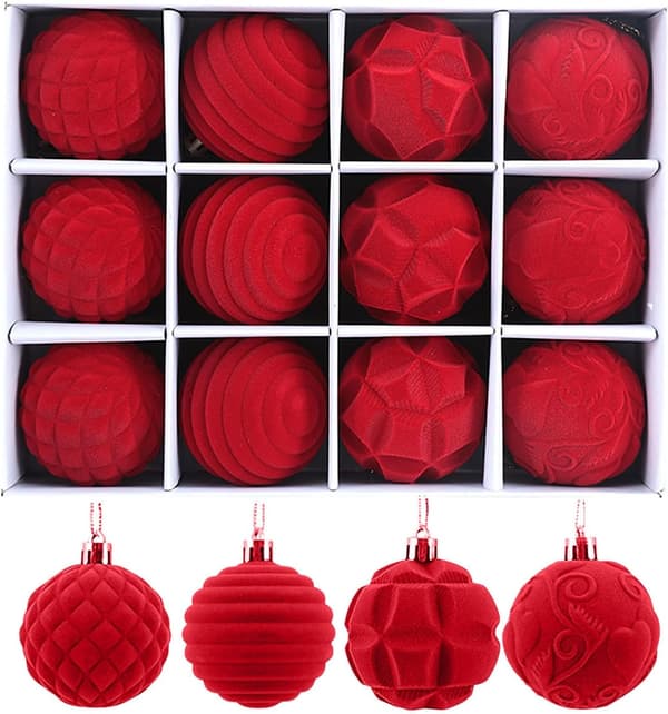 Julgranskulor i sammet, flockade julgranskulor - 12-pack, 6 cm plast röd