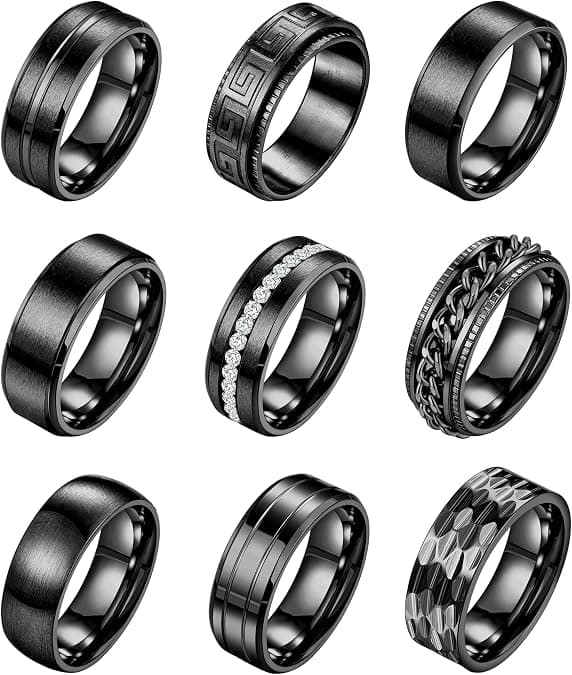 9-delt sæt 8mm titanium stålring til mænd og kvinder, enkelt børstet bryllups- og forlovelsesringsæt, sort 9-delt sæt nr. 10