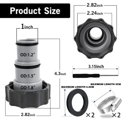 Adaptere til Intex, Bestway og andre poolmærker: højkvalitets 32 mm til 38 mm forbindelser med skrueklemmer og O-ringe (2 stk.) for optimal