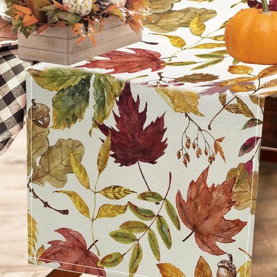 Duk – Høstbordløper – 33x183 cm – Lin – Med lønneblader – For Thanksgiving og høstdekor
