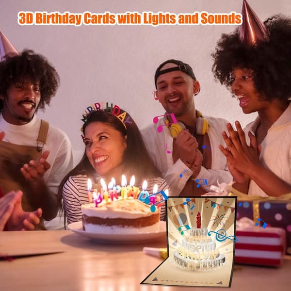 3D pop-up bursdagskort, varm LED-lys bursdagskake musikkort postkort, opptakbar velsignelse