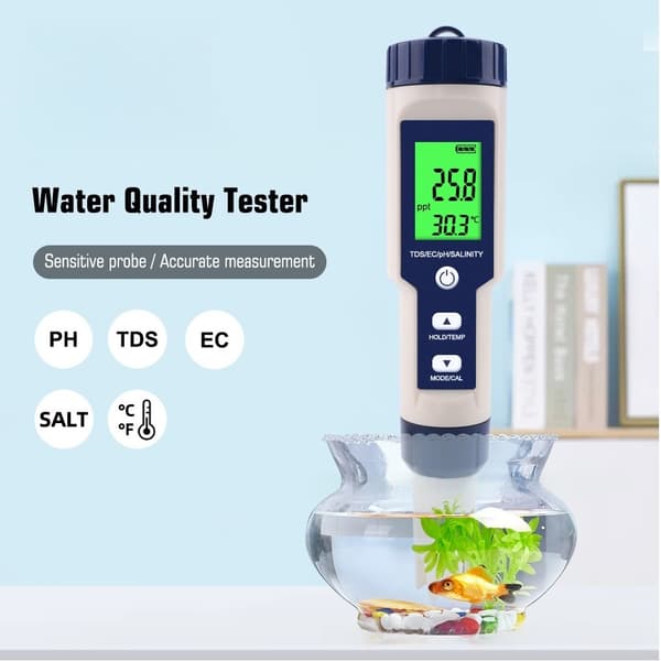 Elektronisk PH-måler, 5 i 1 PH-tester Lomme Vannkvalitetsmåler Temperatur PH EC Salt TDS