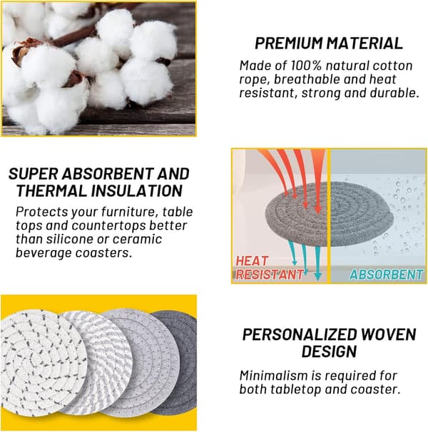 Sæt med 8 coasters med holder, 4-farvede absorberende coasters, minimalistiske bomuldscoasters, minimalistisk bomuldscoaster-sæt