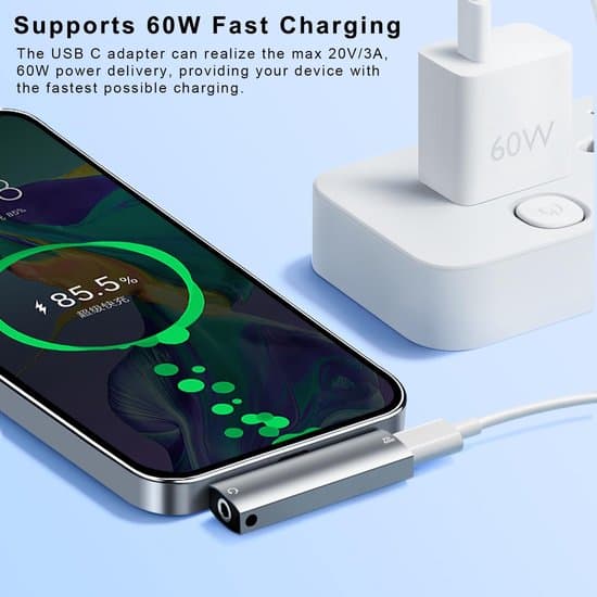 USB-C til 3,5 mm lydadapter – 2-i-1 lading og lytting – 60W PD hurtiglading – Smart støydemping – HD-lyd – Kompatibel med alle Android-telefoner