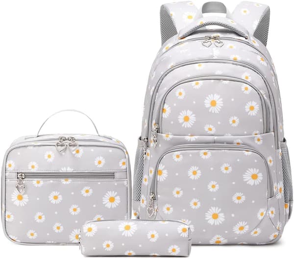 3 stk. Daisy Prints rygsæk til piger Bogtaskesæt Grundskole Daypack Elementære Studerende Knapsack med madkasse Grå Gray
