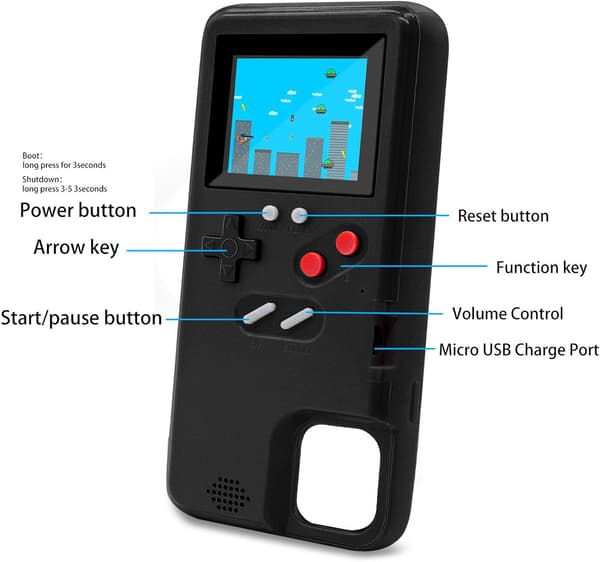 Spelkonsolfodral för iPhone, retro skyddsfodral med egen strömförsörjning med 36 små spel, fullfärgsdisplay, stötsäkert videospel för iPhone 16pro max