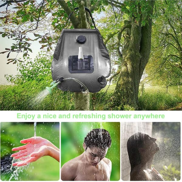 Solbruserpose, 5 gallons/20 liter, udendørs varmt vand, egnet til strandsvømning, camping, grå