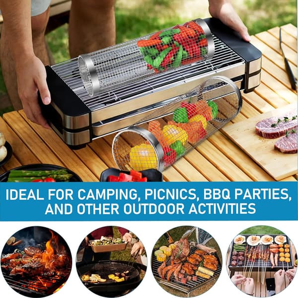 Rullende Grillkurv til Udendørs BBQ, 2-pak Rustfrit Stål Grillnet BBQ Rack Tilbehør, Grillnetrør Grillkurv
