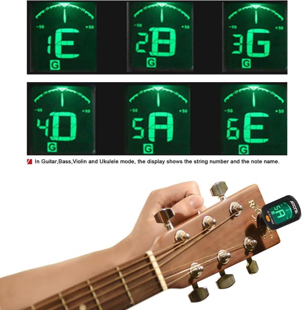 Gitarrstämmare 2-PACK, Clip-on stämapparat för gitarr/bas/fiol/ukulele, automatisk avstängning/enknappsmanövrering/AT-01A/2 set