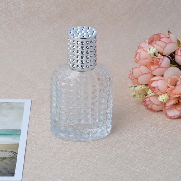 50 ml transparent glasflaska med nätmönster, tom flaska för parfym/doft, med spraydispenser.