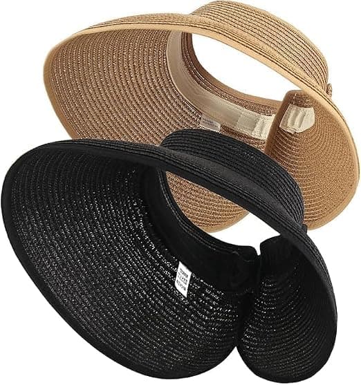 Sammenfoldelig stråhat 2 stk. – Sommerhat med bred skygge – Åbning til hestehale – Dame strandhat – Strand & Rejse – M