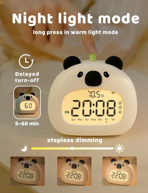 Panda-vekkerklokke for barn, LCD-nattlys med dimmefunksjon, USB-oppladbar søvntrener, 3 alarmtider.