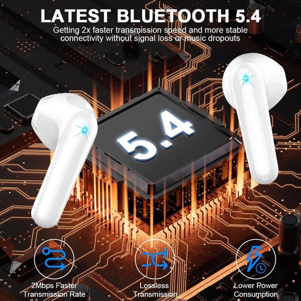 Trådløse ørepropper Bluetooth 5.3 hodetelefoner med LED-display, støyreduserende ørepropper, 28 timers spilletid White