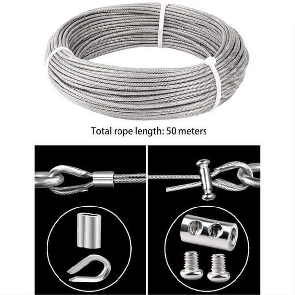 50M/3mm Rustfri Stålwire, Belagt Stålkabel med Kabelklemmer, M3 Muffe, 3mm Wire til Tørresnor