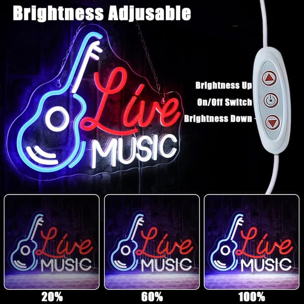 Live Music Neonskylt, Gitarr Neonskylt för Väggdekor, Gitarr Neon Vägglampa, USB LED Neonskylt för Bar, Rockmusik, Studio, Kontor, Garage, Sovrum 42x30cm