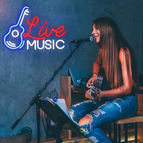 Live Music Neonskylt, Gitarr Neonskylt för Väggdekor, Gitarr Neon Vägglampa, USB LED Neonskylt för Bar, Rockmusik, Studio, Kontor, Garage, Sovrum 42x30cm
