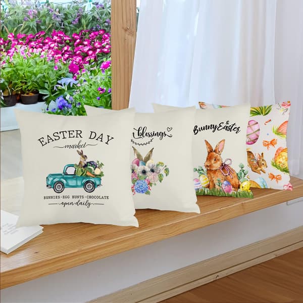 4 STK Påskehare Mønster Putetrekk, 45x45cm Polyester Putetrekk til Sofaseng Sofa Stue Soverom 4Pcs-45x45cm