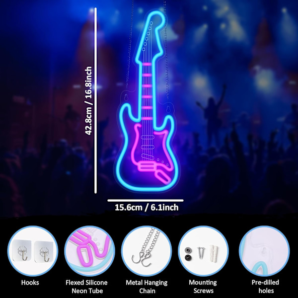 Elektrisk Gitarr Neonljus, Dimbar LED Gitarr Neon Väggskylt USB-driven, Dekorationer för Sovrum Vardagsrum Mancave Musikstudio