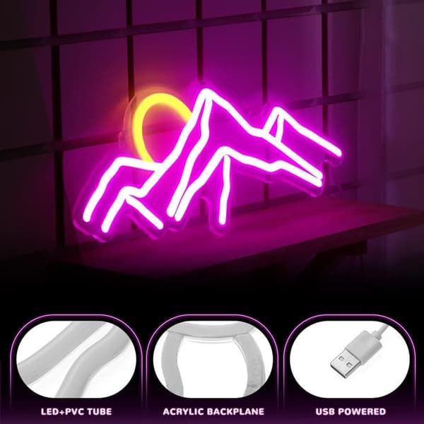 Bergsformad LED-ljuspanel, neonväggdekoration, rosa, bergssol, för hem, sovrum, café, kontor