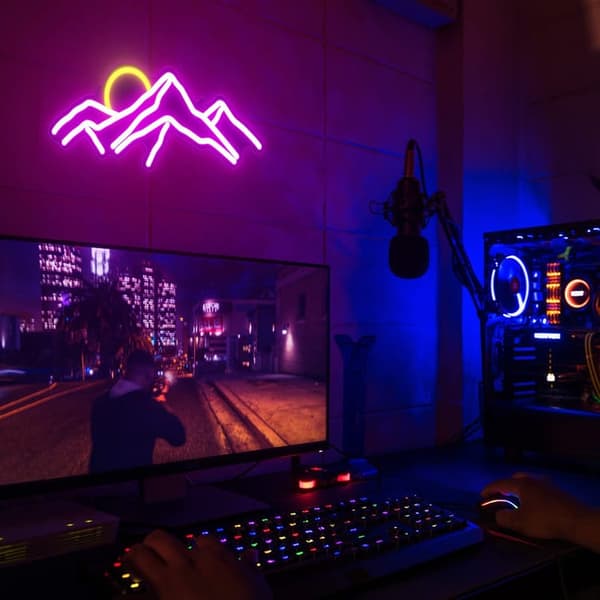 Bergsformad LED-ljuspanel, neonväggdekoration, rosa, bergssol, för hem, sovrum, café, kontor