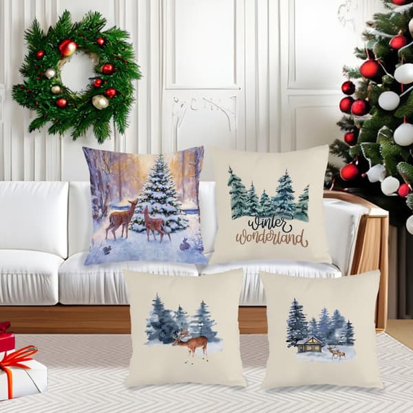 Set med 4 Vintermotiv Tryckta Prydnadskuddar, 45x45cm Tvättbara Soffkuddar för Vardagsrum Sovrum 4Pcs-45x45cm