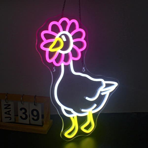 Anka Neonskylt Rosa Daisy Anka Neonskyltar för Väggdekor, USB-anslutning Dimbar Blomma Anka Neonljusskyltar för Sovrum Vardagsrum Barnrum 18in